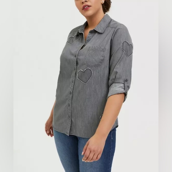 Taylor - Dark Grey Denim Heart Button Front Relaxed Fit Shirt - Picture 1 of 5